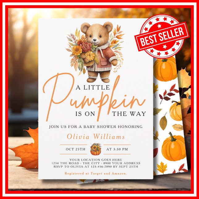 A Little Pumpkin Fall Autumn CUTE BEAR Baby Shower Invitation (A Little Pumpkin is on the Way Fall Autumn CUTE BEAR Baby Shower Invitation)