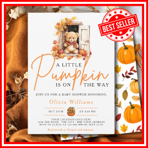 A Little Pumpkin Fall Autumn CUTE BEAR Baby Shower Invitation