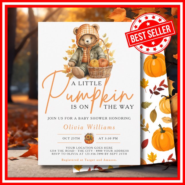 A Little Pumpkin Fall Autumn CUTE BEAR Baby Shower Invitation (A Little Pumpkin is on the Way Fall Autumn CUTE BEAR Baby Shower Invitation)