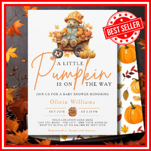 A Little Pumpkin Fall Autumn CUTE BEAR Baby Shower Invitation