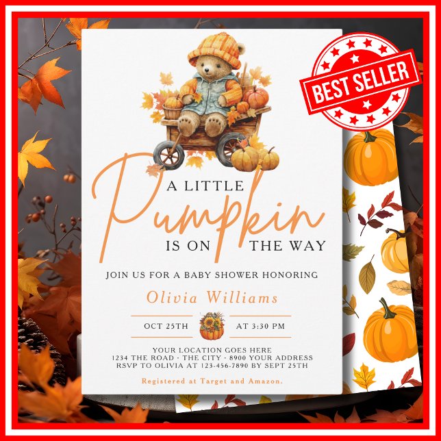 A Little Pumpkin Fall Autumn CUTE BEAR Baby Shower Invitation (A Little Pumpkin is on the Way Fall Autumn CUTE BEAR Baby Shower Invitation)