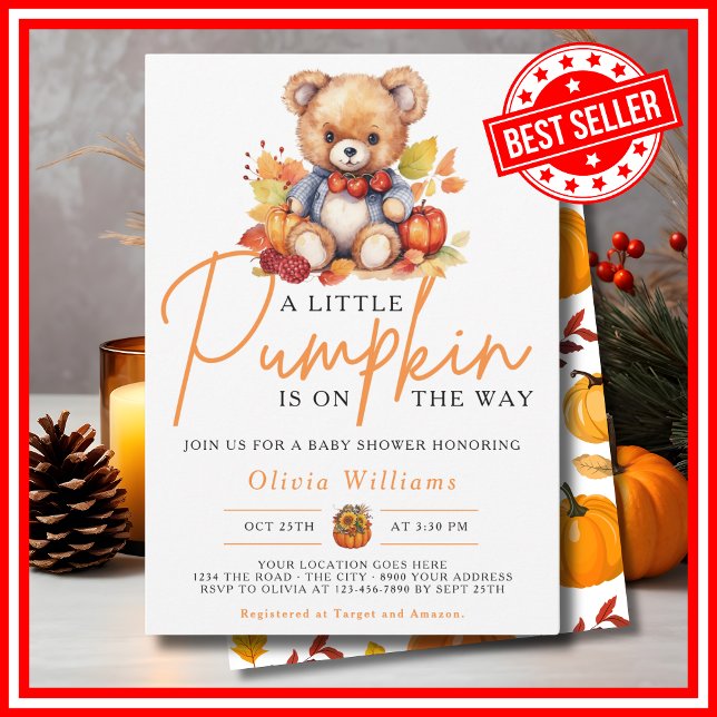 A Little Pumpkin Fall Autumn CUTE BEAR Baby Shower Invitation (A Little Pumpkin is on the Way Fall Autumn CUTE BEAR Baby Shower Invitation)
