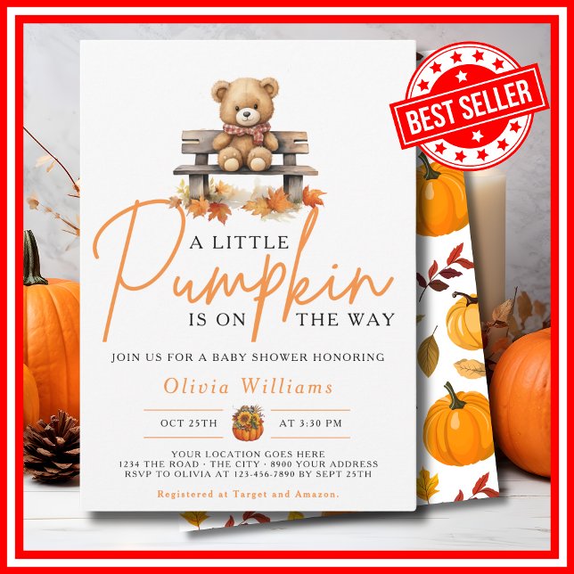 A Little Pumpkin Fall Autumn CUTE BEAR Baby Shower Invitation (A Little Pumpkin is on the Way Fall Autumn CUTE BEAR Baby Shower Invitation)