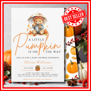 A Little Pumpkin Fall Autumn CUTE BEAR Baby Shower Invitation
