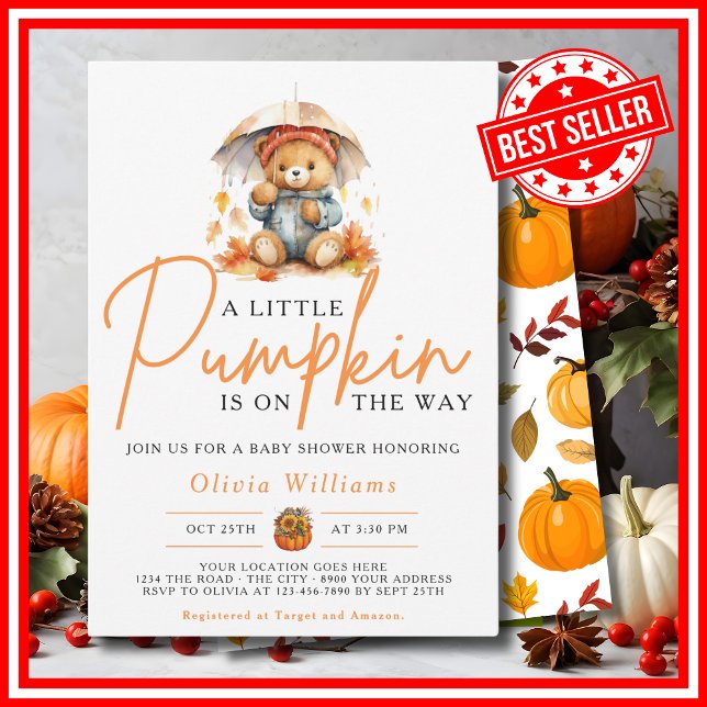 A Little Pumpkin Fall Autumn CUTE BEAR Baby Shower Invitation (A Little Pumpkin is on the Way Fall Autumn CUTE BEAR Baby Shower Invitation)