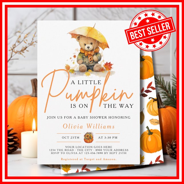 A Little Pumpkin Fall Autumn CUTE BEAR Baby Shower Invitation (A Little Pumpkin Fall Autumn CUTE BEAR Baby Shower Invitation)