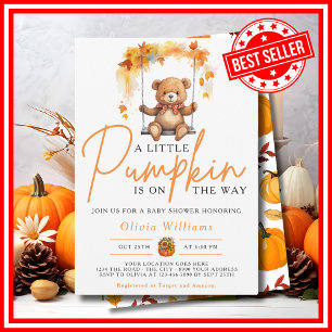 A Little Pumpkin Fall Autumn CUTE BEAR Baby Shower Invitation