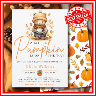 A Little Pumpkin Fall Autumn CUTE BEAR Baby Shower Invitation