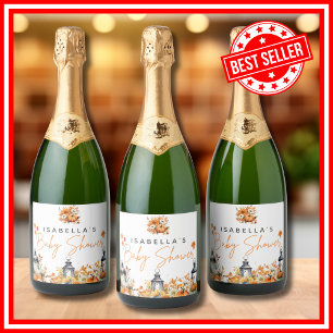 A Little Pumpkin Fall Autumn Floral Baby Shower Sparkling Wine Label