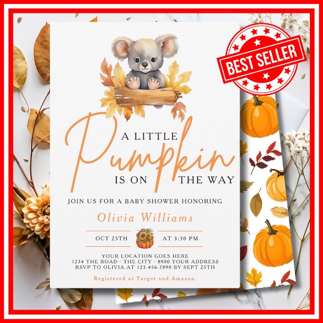 A Little Pumpkin Fall Autumn KOALA Baby Shower Invitation (A Little Pumpkin is on the Way Fall Autumn CUTE KOALA BEAR Baby Shower Invitation)