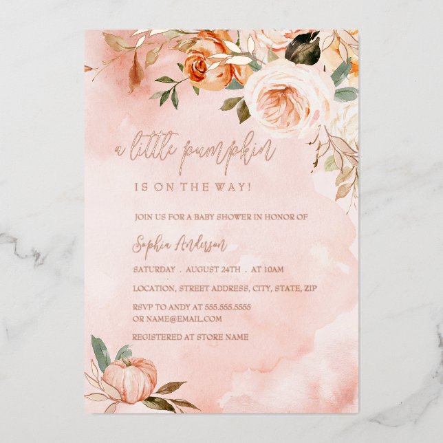 A Little Pumpkin Fall Autumn Pink Baby Shower Foil (Front)