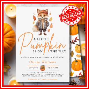A Little Pumpkin Fall Autumn RED FOX Baby Shower Invitation