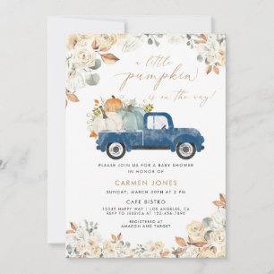 A Little Pumpkin Fall Baby Shower   Blue truck Invitation