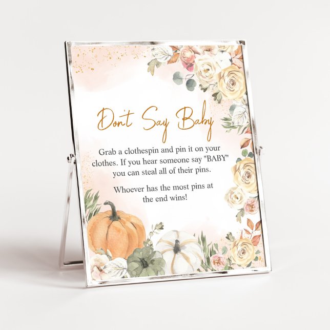 A Little Pumpkin Fall Baby Shower Don't Say Baby Poster (Fall Floral Pumpkin Baby Shower Don't Say Baby Sign)