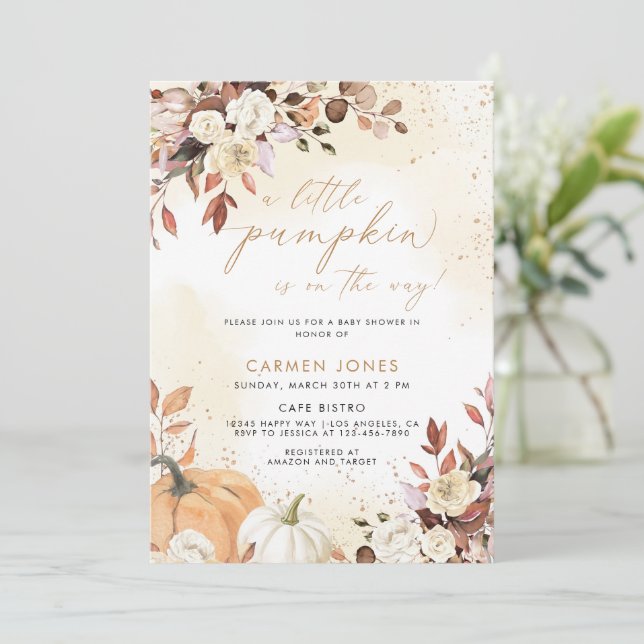 A Little Pumpkin Fall Baby Shower Gender Neutral Invitation (Standing Front)