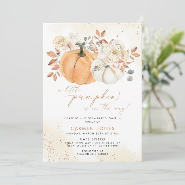 A Little Pumpkin Fall Baby Shower Gender Neutral Invitation (Standing Front)