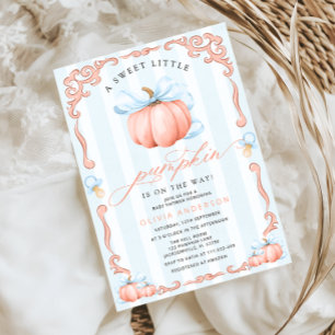 A Little Pumpkin Fall Blue Bow Boy Baby Shower Invitation
