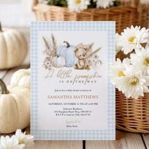 A Little Pumpkin Fall Blue Gingham Boy Baby Shower Invitation