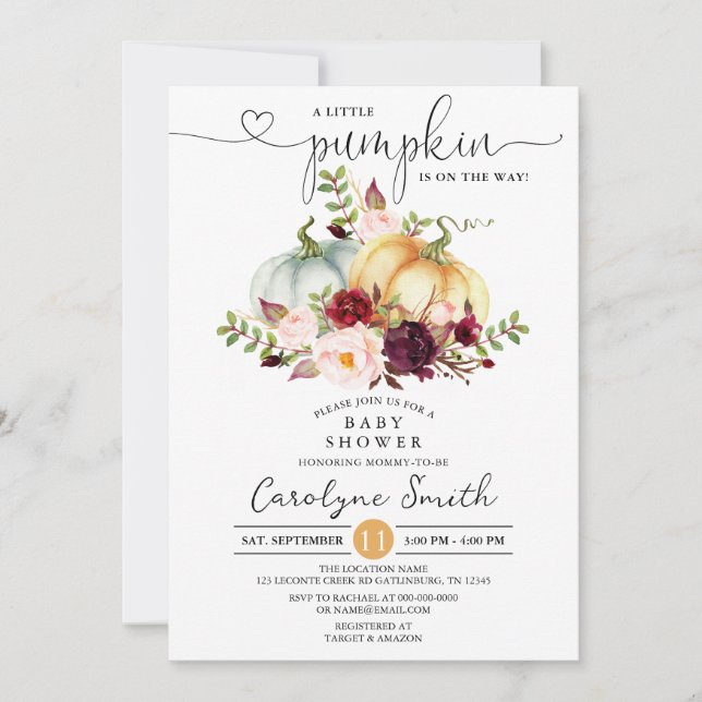 A Little Pumpkin Fall Floral Baby Shower Invitation (Front)