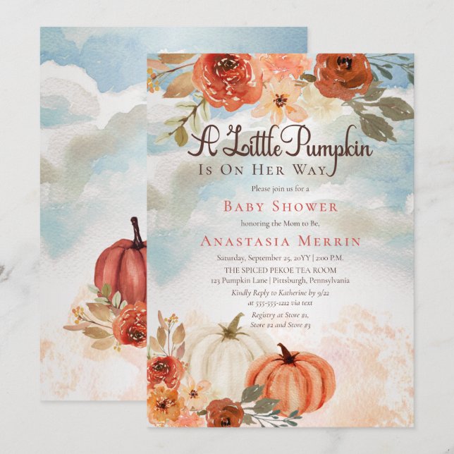 A Little Pumpkin | Fall Floral Girl Baby Shower Invitation (Front/Back)