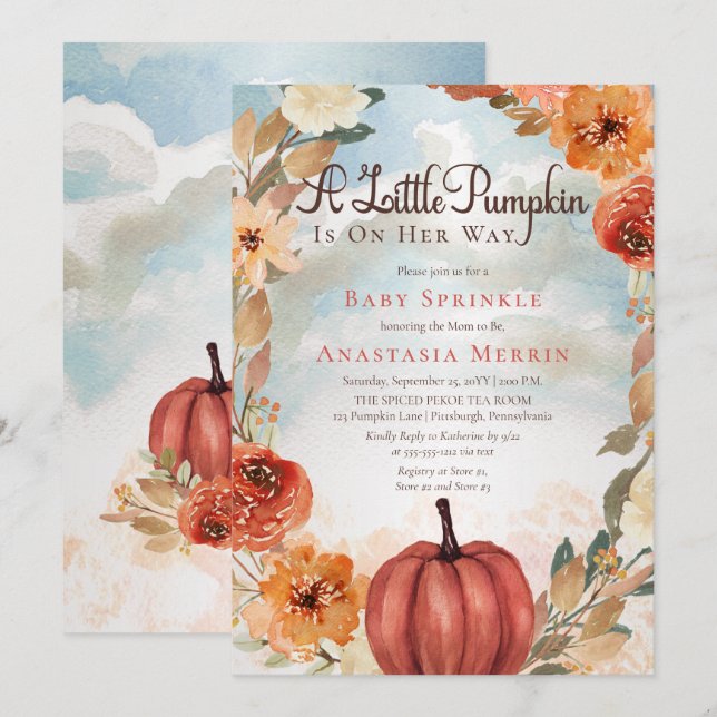 A Little Pumpkin | Fall Floral Girl Baby Sprinkle Invitation (Front/Back)