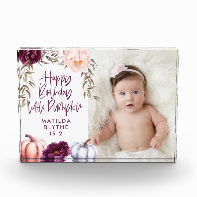 A little pumpkin fall purple peach birthday photo block (Front)