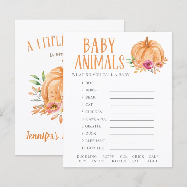 A Little Pumpkin Floral Baby Animals Shower Game (Front/Back)