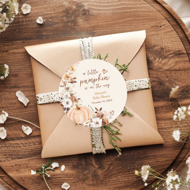 A Little Pumpkin Floral Baby Shower  Classic Round Sticker (Creator Uploaded)