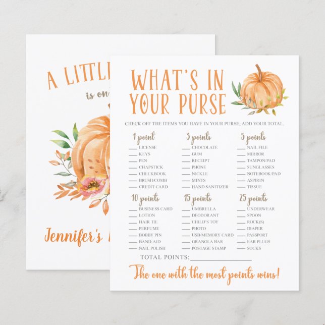 A Little Pumpkin Floral Baby Shower Purse Game (Front/Back)