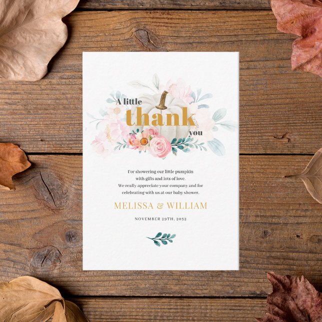 A Little Pumpkin Floral Baby Shower Thank You Card (Fall Floral White Pumpkin Baby Shower Thank You Card)