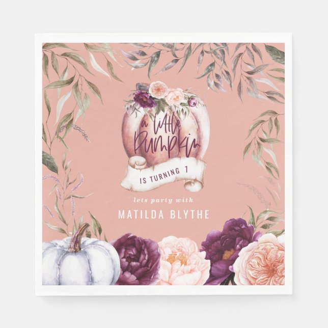 A little pumpkin floral fall 1st birthday party napkin (Front)