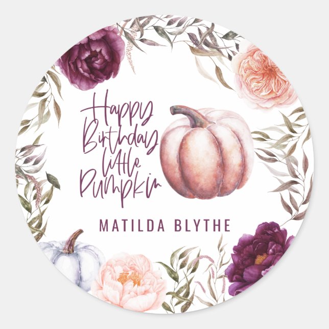 A little pumpkin floral fall birthday party  classic round sticker (Front)