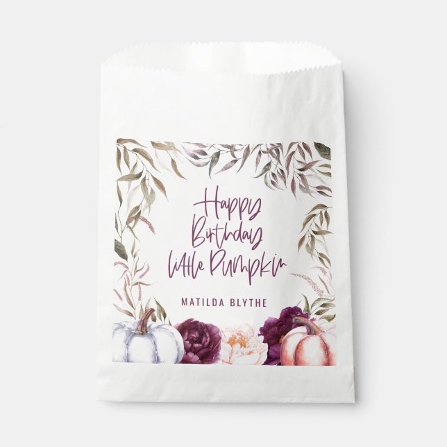 A little pumpkin floral fall birthday party favour bags (Front)