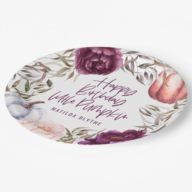 A little pumpkin floral fall birthday party paper  paper plate (Angled)