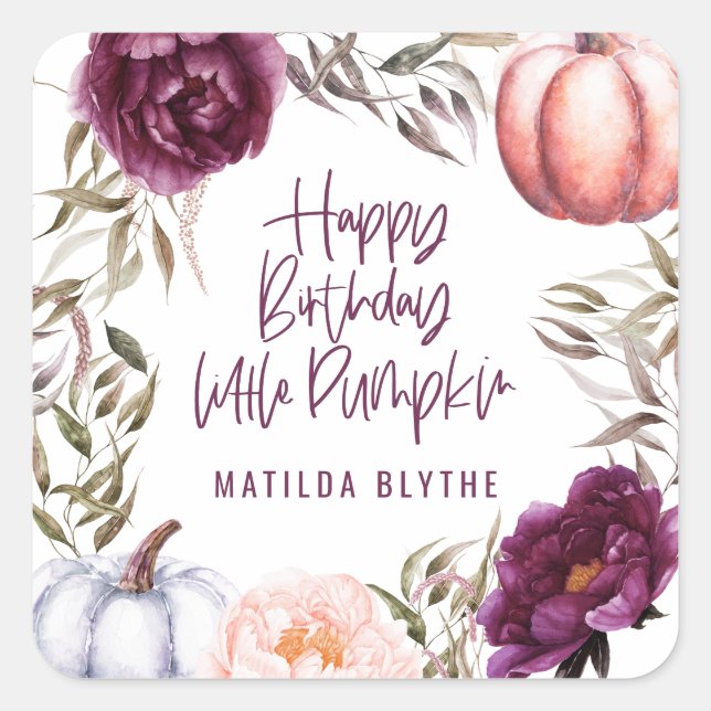 A little pumpkin floral fall birthday party  square sticker (Front)