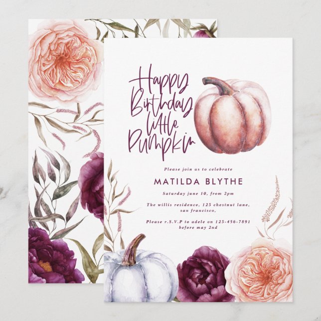 A little pumpkin floral fall purple peach birthday (Front/Back)