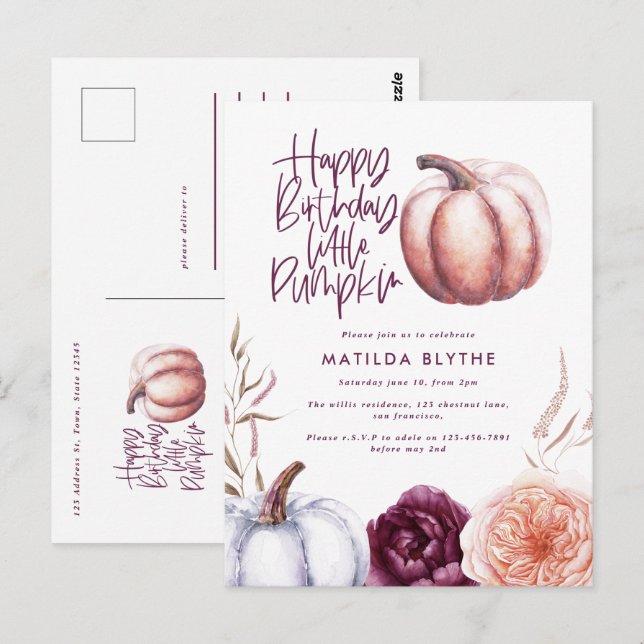 A little pumpkin floral fall purple peach birthday postcard (Front/Back)