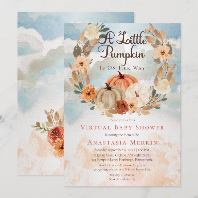 A Little Pumpkin | Floral Girl Virtual Baby Shower Invitation (Front/Back)