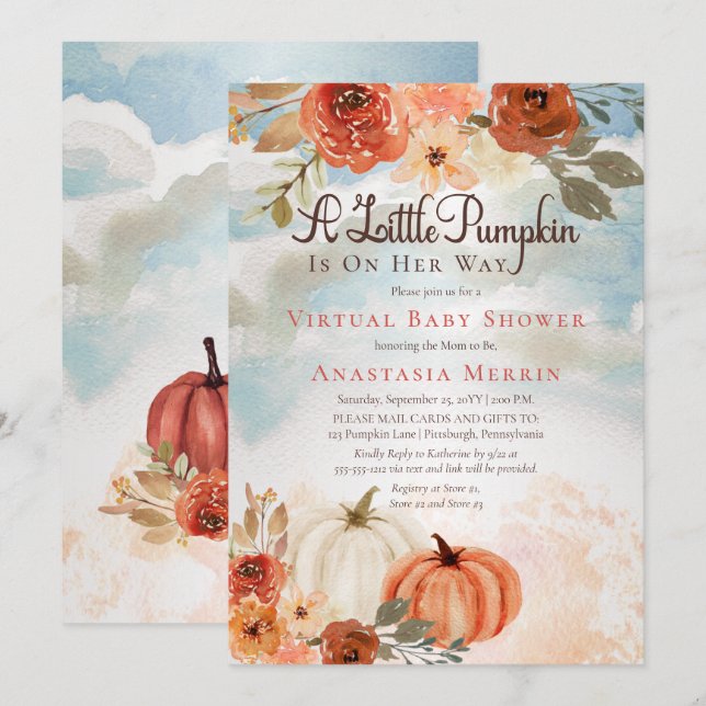A Little Pumpkin | Floral Girl Virtual Baby Shower Invitation (Front/Back)