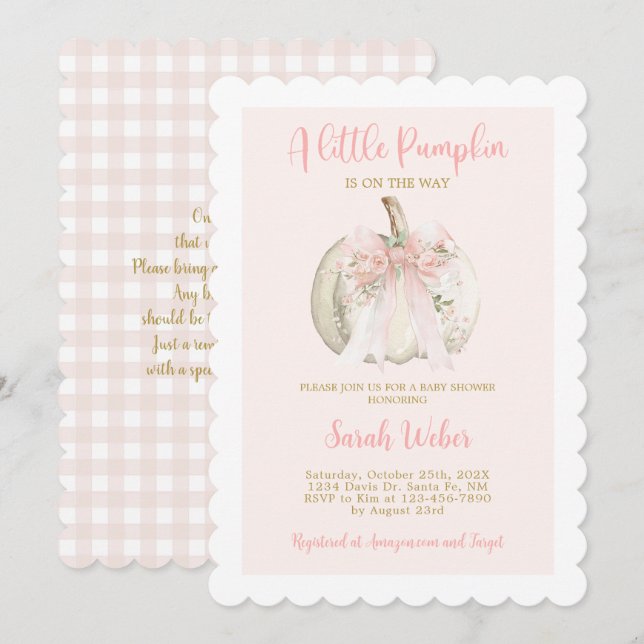 A little pumpkin gingham fall baby shower girl invitation (Front/Back)