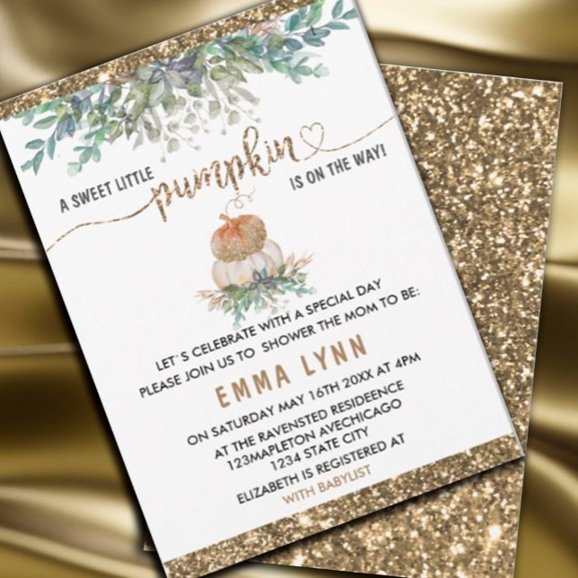 A Little Pumpkin Gold Baby Shower Invitation (#zazzlemade #pumpkingolg #whitepumpkin #babyshowerinvitation #pumpkinbabyshower #autumnbabyshower #f)