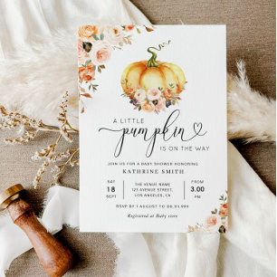 A little pumpkin gold blush floral baby shower invitation