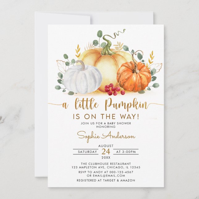A Little Pumpkin Gold Glitters Fall Baby Shower Invitation (Front)