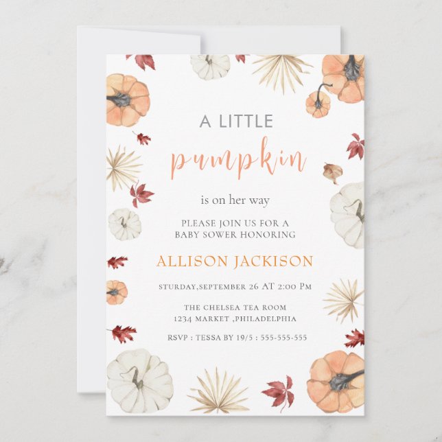 A Little Pumpkin  green leaves Baby Shower Invitation (Front)