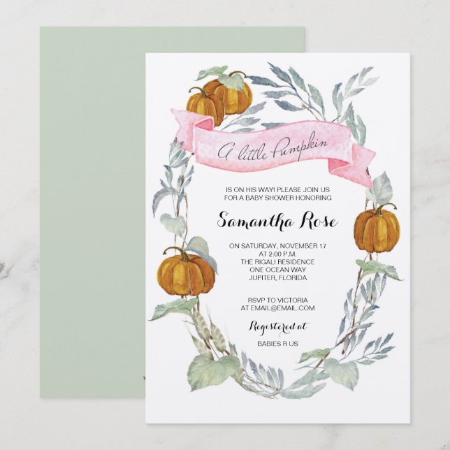 A Little Pumpkin Greenery Girl Invitation (Front/Back)