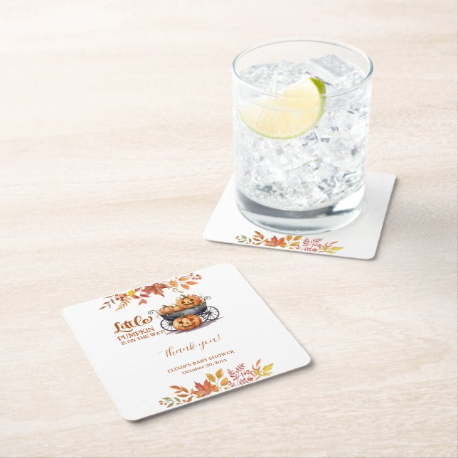 A Little Pumpkin Halloween Fall Baby Shower Square Paper Coaster (Insitu)
