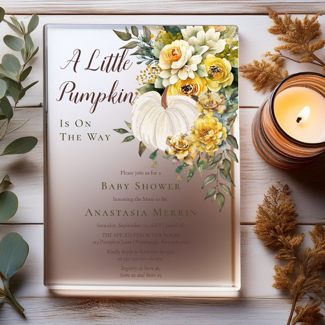 A Little Pumpkin Harvest Gold Floral Baby Shower Acrylic Invitations ("A Little Pumpkin" Butter and Harvest Gold Floral with White Pumpkin Baby Shower Acrylic Invitation)