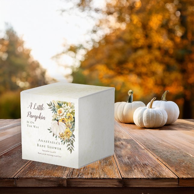 A Little Pumpkin Harvest Gold Floral Baby Shower Favour Box ("A Little Pumpkin" White Pumpkin and Gold Floral Baby Shower Cube Favor Box)