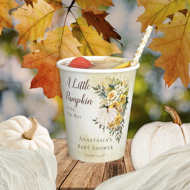A Little Pumpkin Harvest | Gold Floral Baby Shower Paper Cups (Boho chic elegant fall / autumn "A Little Pumpkin" gender neutral Baby Shower)