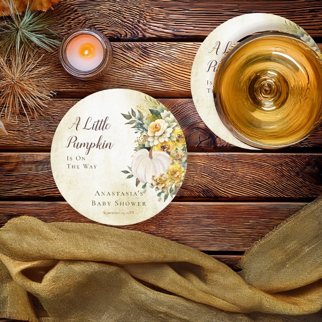 A Little Pumpkin Harvest Gold Floral Baby Shower Round Paper Coaster ("A Little Pumpkin Is On The Way" White Pumpkin and Gold Floral Baby Shower Coasters)